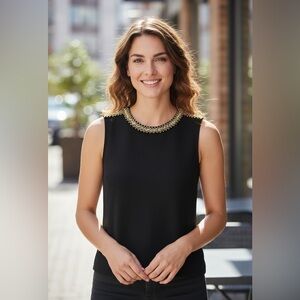 White House Black Market Embellished Black and Gold Tank Top